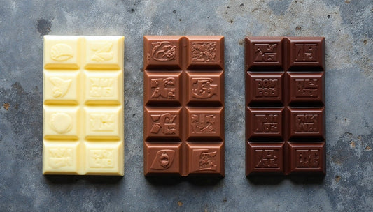 Three chocolate bars setting on a blue background - one white chocolate, one milk chocolate, one dark chocolate 