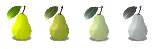 Image of four pears ranging in color from light green to white