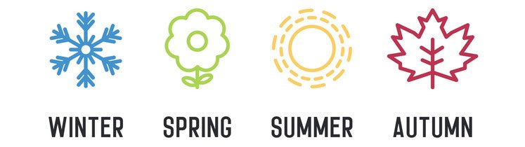 A graphic on a white backgrouind showing a blue Winter snowflake, a green Spring flower, an orange Sun and a fall burgundy leaf