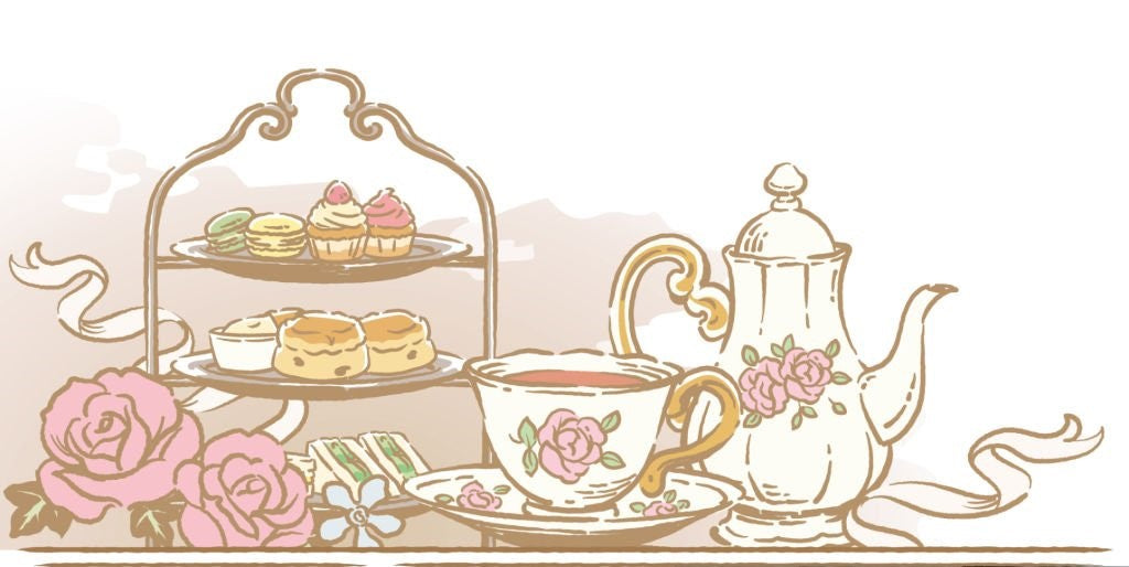 an illustration in pink/white of an afternoon tea set up