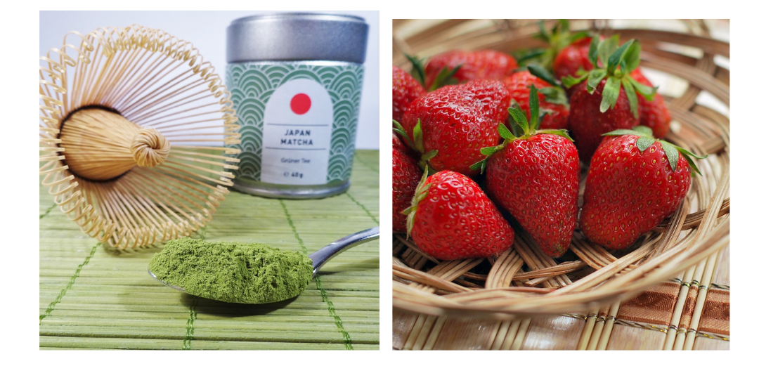 Two photos. On the left is a spoon of matcha along with a whisk and canister. On the right is a basked of ripe, red strawberries.